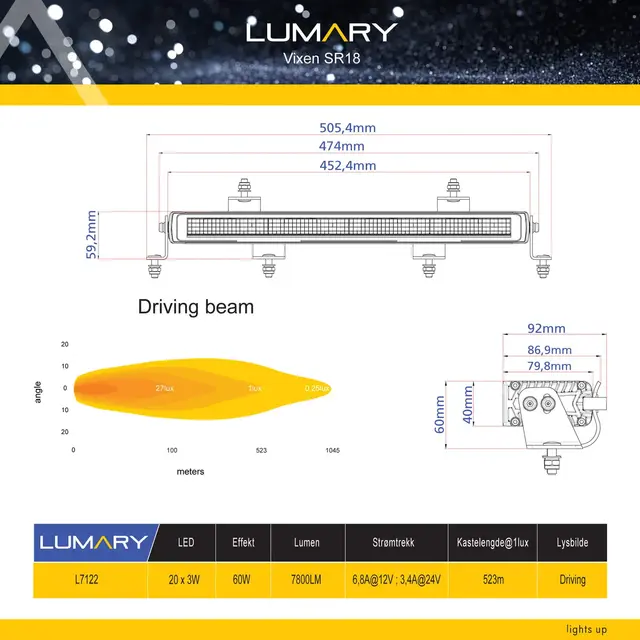 Lumary Vixen SR18 ekstralyssett Fjernlys, 1 Lux på 523 meter 