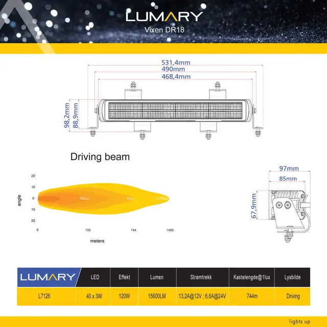 Lumary Vixen DR18 dobbelrad LED-bar med 1 Lux på 744 meter