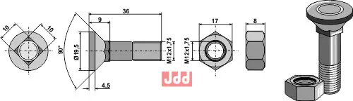 Plogbolt M12x1,75x36 med Mutter - JDD Utstyr