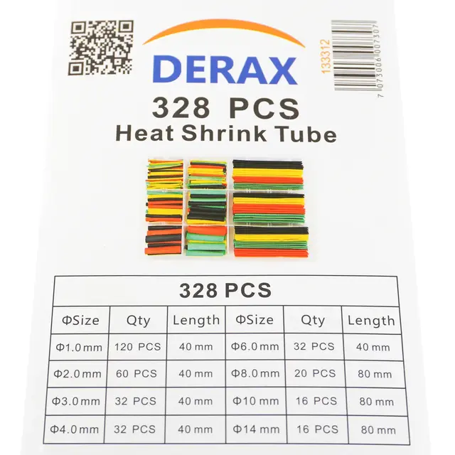 Sett med 328 farget krympestrømpe Fra Ø 1.0 til Ø 14mm, 40-80mm lengde 