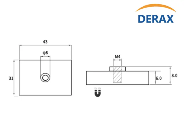 Rektangulær gummiert magnet 1 x M4 Med 1 x M4 bolthull, 8,5kg styrke 