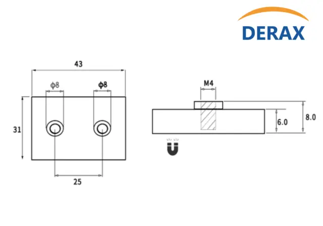 Rektangulær gummiert magnet 2 x M4 Med 2 x M4 bolthull, 8,5kg styrke 