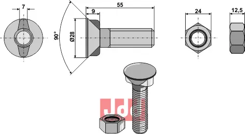 Plogbolt M16x2x55 med Mutter - JDD Utstyr