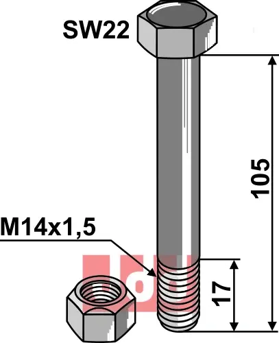 Bolt M14x1,5x105 - 10.9 m. Låsemutter - JDD Utstyr