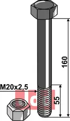 Bolt M20x2,5x160 - 10.9 m. L&#229;semutter