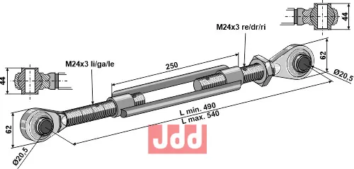 Toppstag M24x3 med hærdet kulehoder - JDD Utstyr