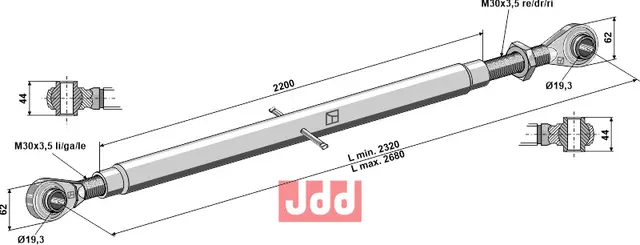 Toppstag M30x3,5 med hærdet kulehoder - JDD Utstyr