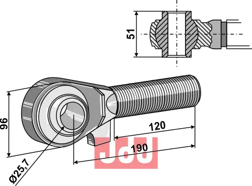 Toppstags ende med kule  M42x3 - 120 - JDD Utstyr