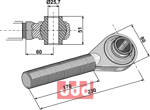 Toppstags ende med kule  M40x3 - JDD Utstyr