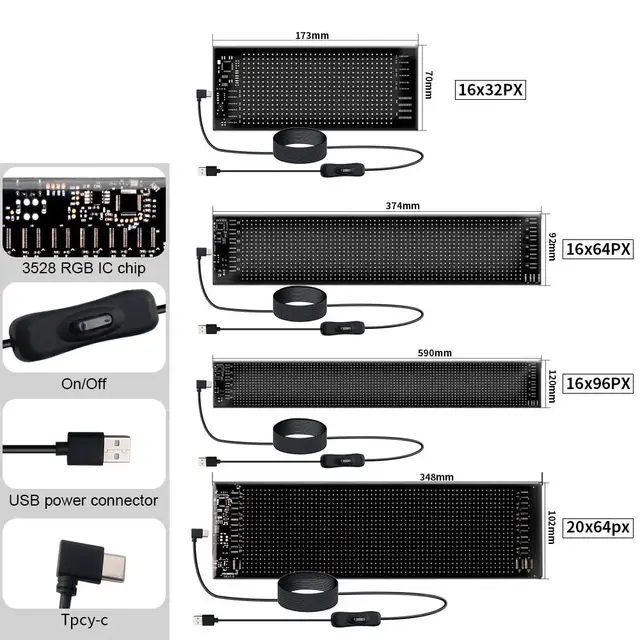 Bøyelig LED farge display med fjernkontr Lag tekster og tegn, 12x59cm 16x96 Pixel 