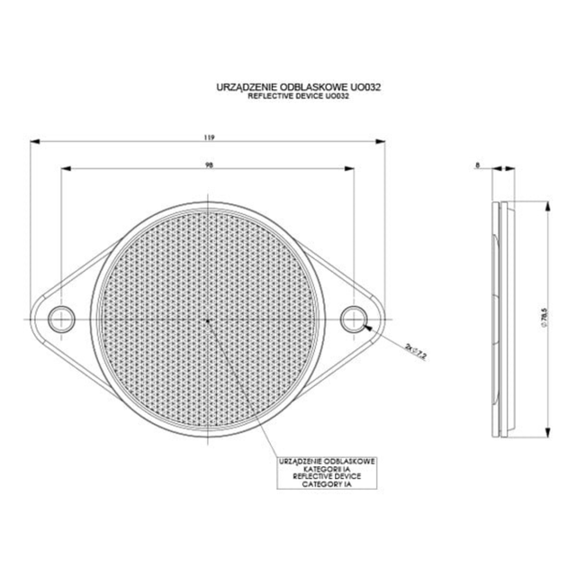 Rund refleks - Hvitt Ø75mm med 2 monteringshull 