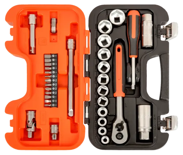 Bahco 1/4" og 3/8" pipesett med skralle, firkantinnfestning, metrisk sekskant 